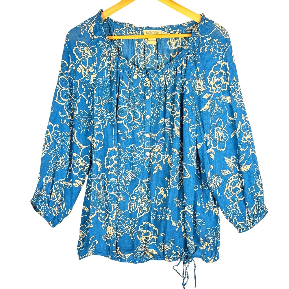 Lucky Brand Women LongSleeve Peasant Blouse L Blue Floral Blousson Boho Casual